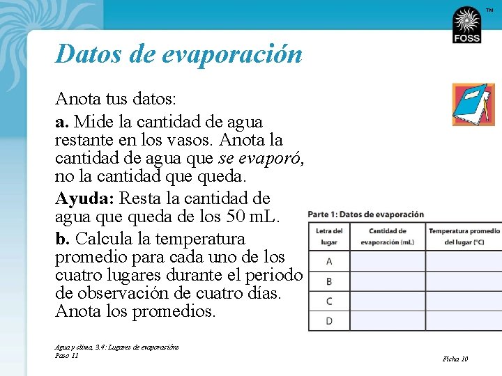 TM Datos de evaporación Anota tus datos: a. Mide la cantidad de agua restante