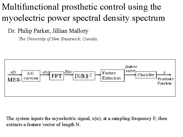 Multifunctional prosthetic control using the myoelectric power spectral density spectrum Dr. Philip Parker, Jillian Multifunctional prosthetic control using the myoelectric power spectral density spectrum Dr. Philip Parker, Jillian