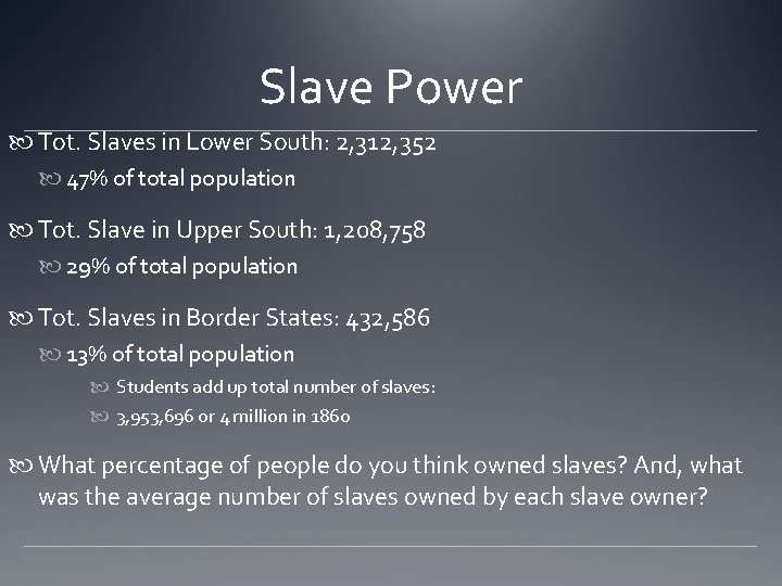 Slave Power Tot. Slaves in Lower South: 2, 312, 352 47% of total population