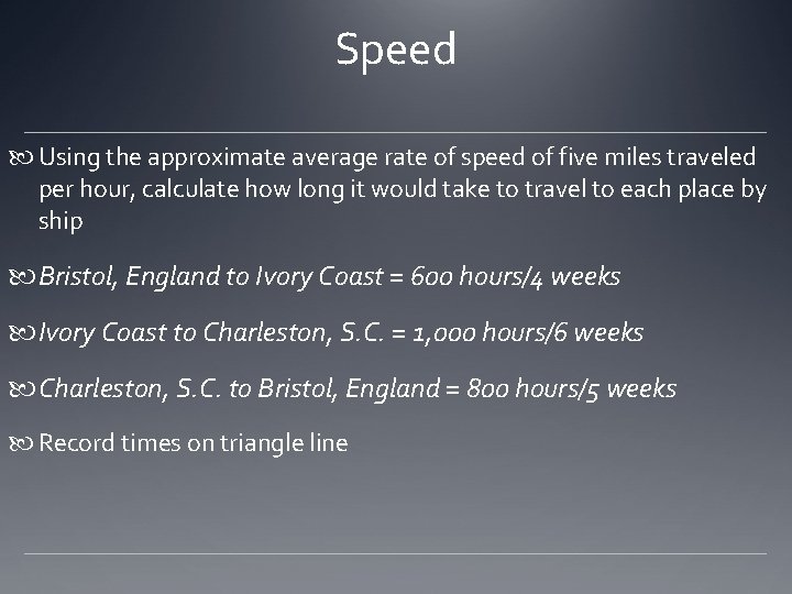 Speed Using the approximate average rate of speed of five miles traveled per hour,