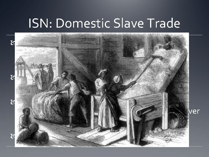 ISN: Domestic Slave Trade Invention of the Cotton Gin – 1793 A device that