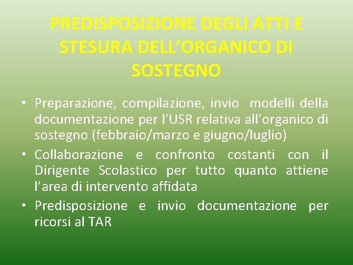PREDISPOSIZIONE DEGLI ATTI E STESURA DELL’ORGANICO DI SOSTEGNO • Preparazione, compilazione, invio modelli della