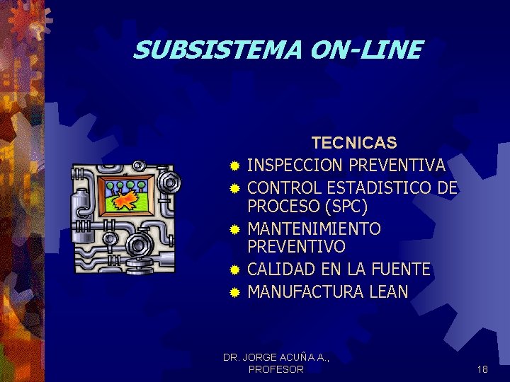 SUBSISTEMA ON-LINE ® ® ® TECNICAS INSPECCION PREVENTIVA CONTROL ESTADISTICO DE PROCESO (SPC) MANTENIMIENTO SUBSISTEMA ON-LINE ® ® ® TECNICAS INSPECCION PREVENTIVA CONTROL ESTADISTICO DE PROCESO (SPC) MANTENIMIENTO