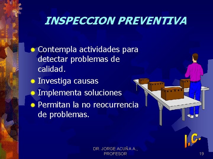 INSPECCION PREVENTIVA ® Contempla actividades para detectar problemas de calidad. ® Investiga causas ® INSPECCION PREVENTIVA ® Contempla actividades para detectar problemas de calidad. ® Investiga causas ®