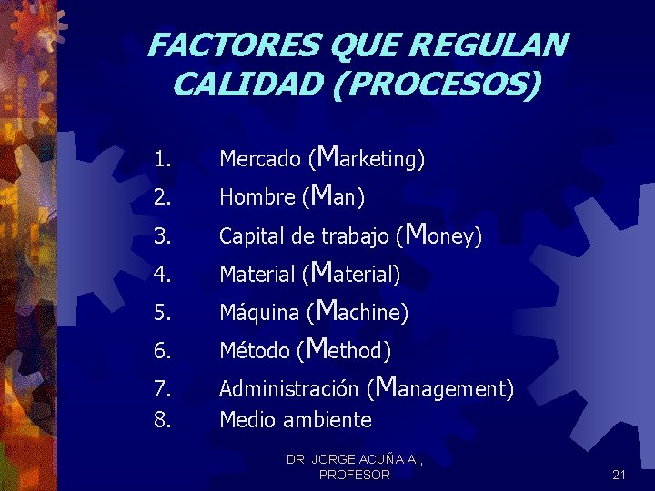 FACTORES QUE REGULAN CALIDAD (PROCESOS) 1. Mercado (Marketing) 2. Hombre (Man) 3. Capital de FACTORES QUE REGULAN CALIDAD (PROCESOS) 1. Mercado (Marketing) 2. Hombre (Man) 3. Capital de