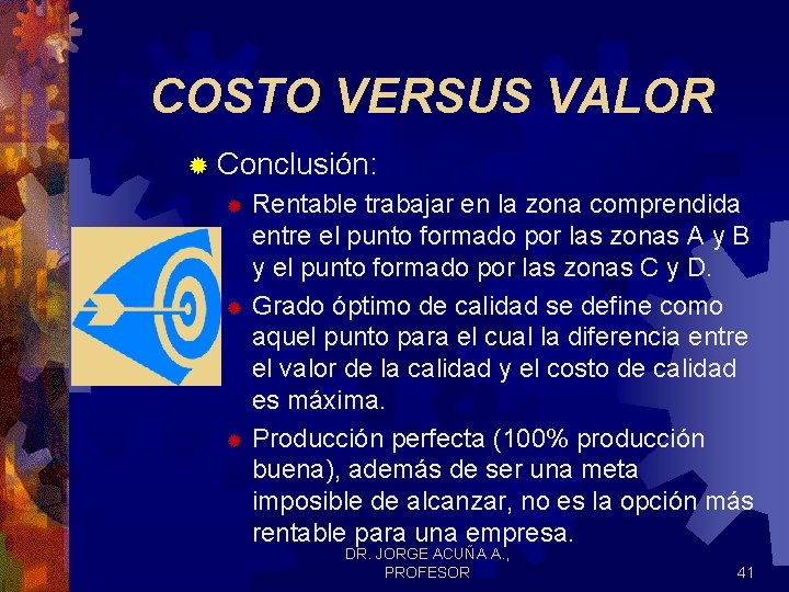 COSTO VERSUS VALOR ® Conclusión: Rentable trabajar en la zona comprendida entre el punto COSTO VERSUS VALOR ® Conclusión: Rentable trabajar en la zona comprendida entre el punto