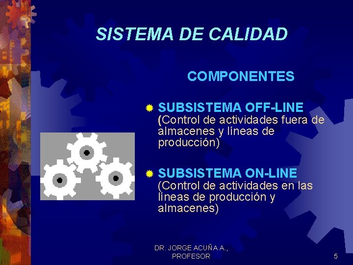 SISTEMA DE CALIDAD COMPONENTES ® SUBSISTEMA OFF-LINE ® SUBSISTEMA ON-LINE (Control de actividades fuera SISTEMA DE CALIDAD COMPONENTES ® SUBSISTEMA OFF-LINE ® SUBSISTEMA ON-LINE (Control de actividades fuera