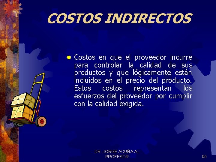 COSTOS INDIRECTOS ® Costos en que el proveedor incurre para controlar la calidad de COSTOS INDIRECTOS ® Costos en que el proveedor incurre para controlar la calidad de