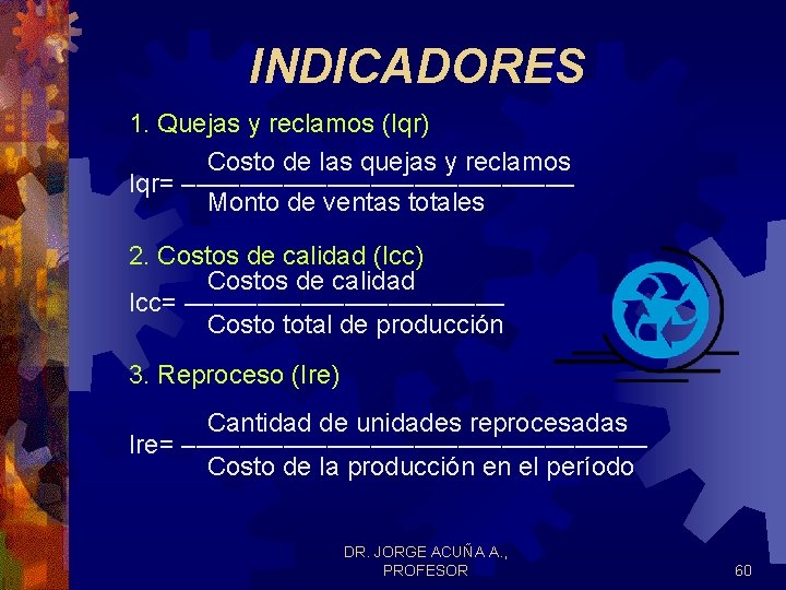 INDICADORES 1. Quejas y reclamos (Iqr) Costo de las quejas y reclamos Iqr= –––––––––––––– INDICADORES 1. Quejas y reclamos (Iqr) Costo de las quejas y reclamos Iqr= ––––––––––––––