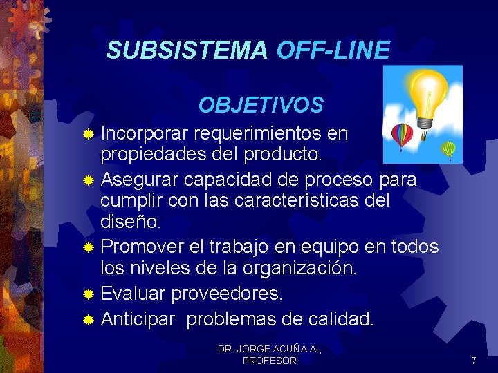 SUBSISTEMA OFF-LINE OBJETIVOS ® Incorporar requerimientos en propiedades del producto. ® Asegurar capacidad de SUBSISTEMA OFF-LINE OBJETIVOS ® Incorporar requerimientos en propiedades del producto. ® Asegurar capacidad de