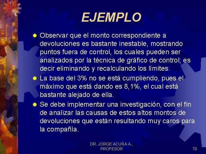 EJEMPLO Observar que el monto correspondiente a devoluciones es bastante inestable, mostrando puntos fuera EJEMPLO Observar que el monto correspondiente a devoluciones es bastante inestable, mostrando puntos fuera