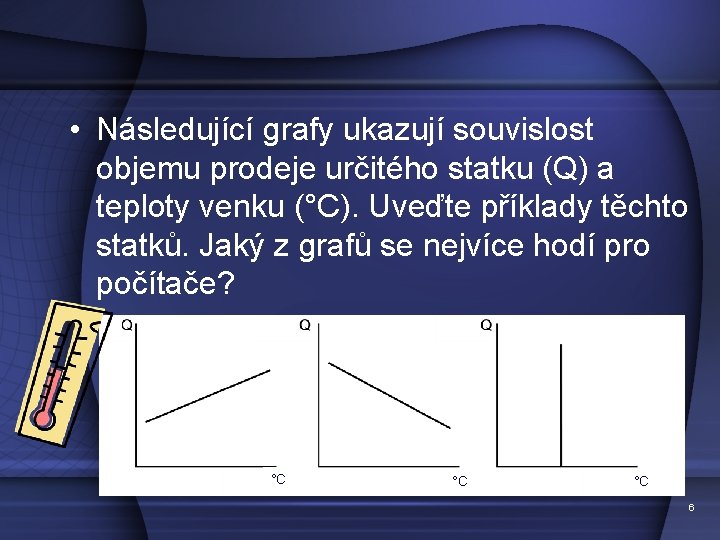  • Následující grafy ukazují souvislost objemu prodeje určitého statku (Q) a teploty venku