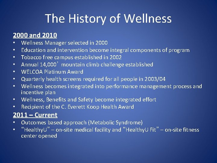 The History of Wellness 2000 and 2010 Wellness Manager selected in 2000 Education and