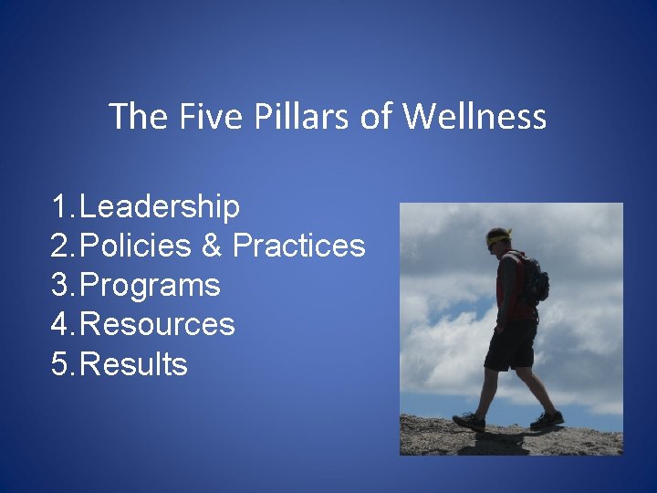 The Five Pillars of Wellness 1. Leadership 2. Policies & Practices 3. Programs 4.