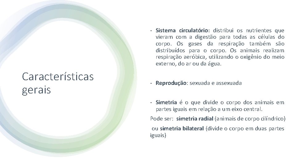 - Sistema circulatório: distribui os nutrientes que vieram com a digestão para todas as