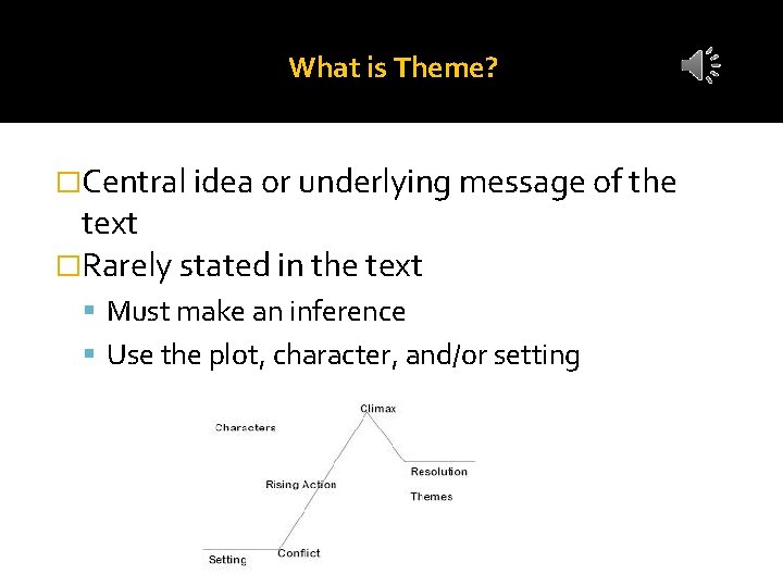 What is Theme? �Central idea or underlying message of the text �Rarely stated in