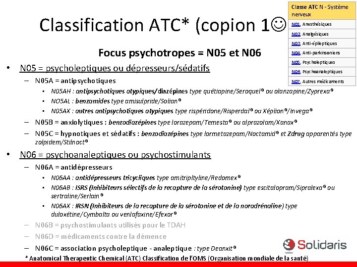 Classe ATC N - Système nerveux Classification ATC* (copion 1 ) N 01. Anesthésiques