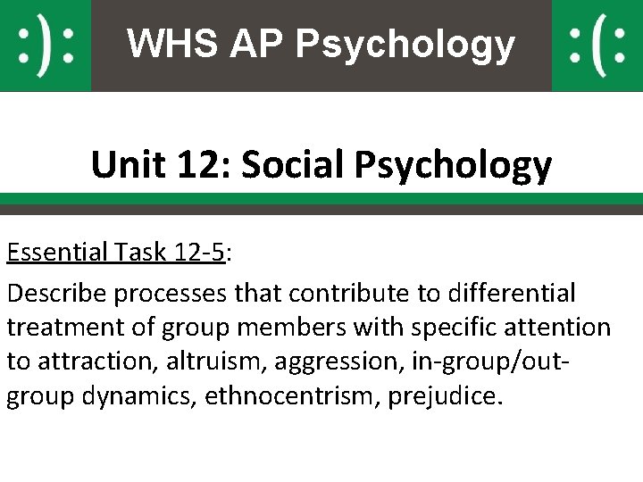 WHS AP Psychology Unit 12: Social Psychology Essential Task 12 -5: Describe processes that