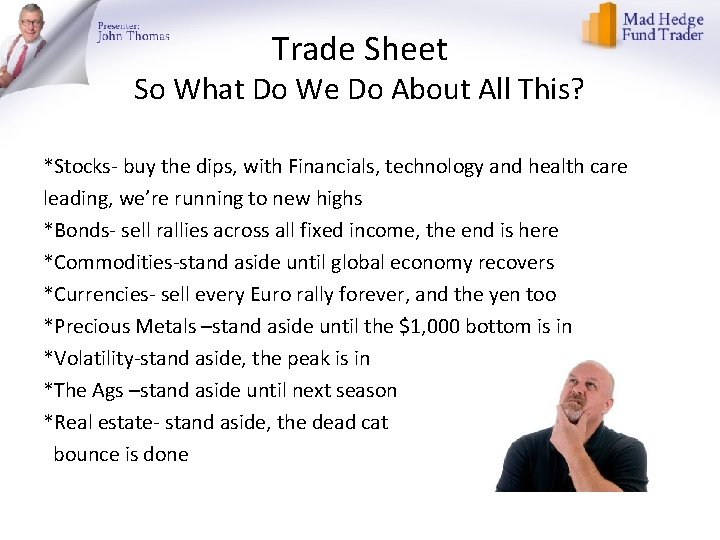 Trade Sheet So What Do We Do About All This? *Stocks- buy the dips,