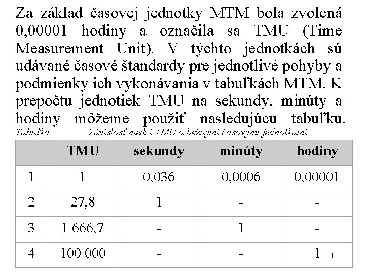 Za základ časovej jednotky MTM bola zvolená 0, 00001 hodiny a označila sa TMU Za základ časovej jednotky MTM bola zvolená 0, 00001 hodiny a označila sa TMU