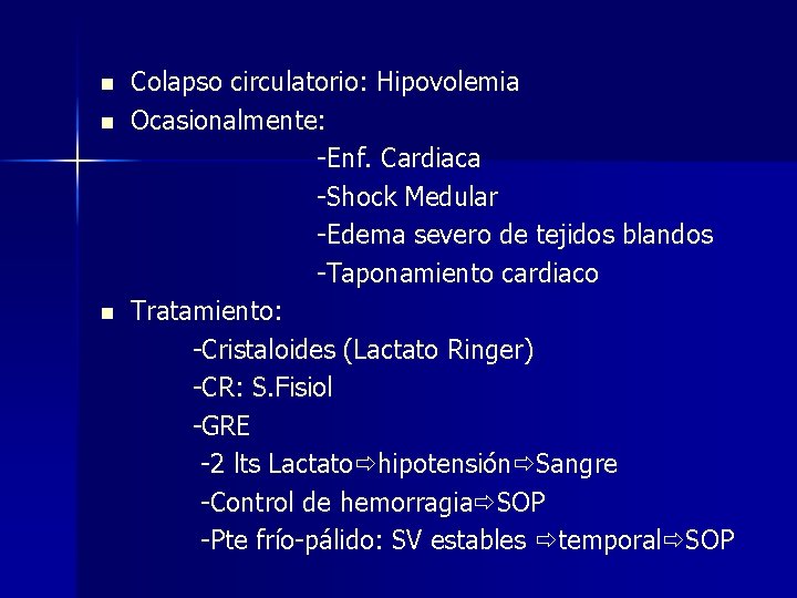 n n n Colapso circulatorio: Hipovolemia Ocasionalmente: -Enf. Cardiaca -Shock Medular -Edema severo de