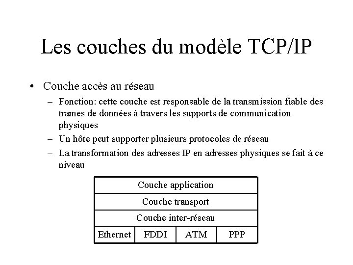 Les couches du modèle TCP/IP • Couche accès au réseau – Fonction: cette couche