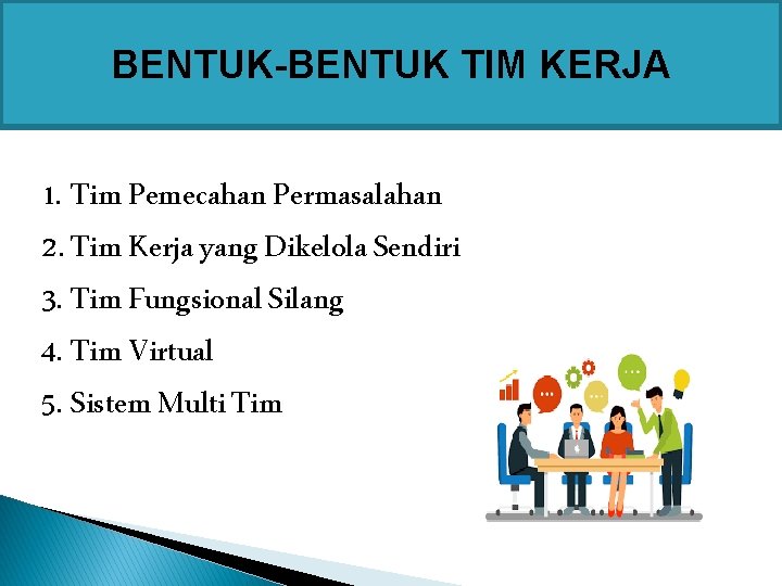 BENTUK-BENTUK TIM KERJA 1. Tim Pemecahan Permasalahan 2. Tim Kerja yang Dikelola Sendiri 3. BENTUK-BENTUK TIM KERJA 1. Tim Pemecahan Permasalahan 2. Tim Kerja yang Dikelola Sendiri 3.