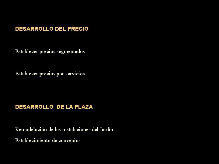 DESARROLLO DEL PRECIO Establecer precios segmentados Establecer precios por servicios DESARROLLO DE LA PLAZA