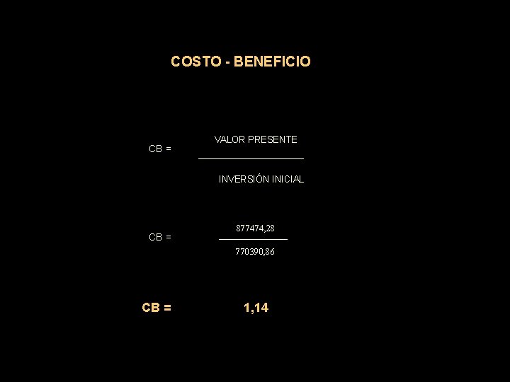 COSTO - BENEFICIO CB = VALOR PRESENTE INVERSIÓN INICIAL CB = 877474, 28 770390,