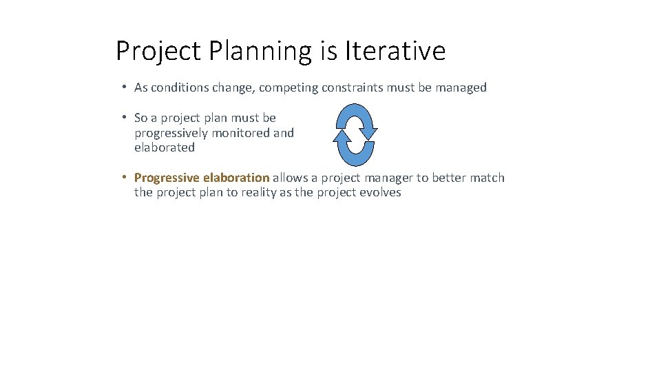 Project Planning is Iterative • As conditions change, competing constraints must be managed •