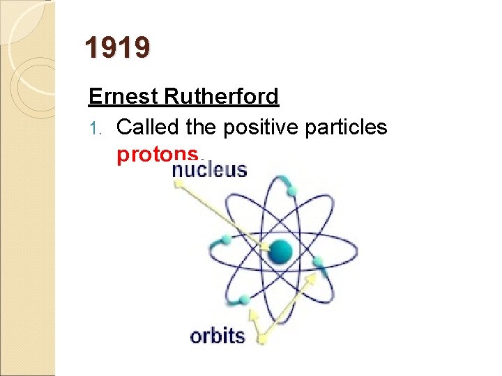 1919 Ernest Rutherford 1. Called the positive particles protons. 