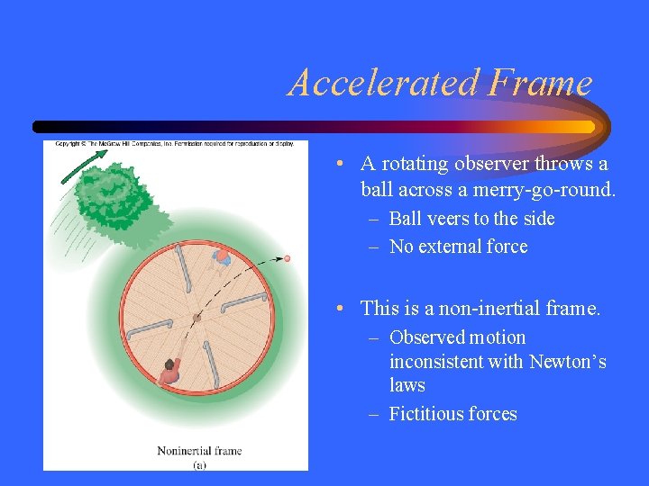 Accelerated Frame • A rotating observer throws a ball across a merry-go-round. – Ball