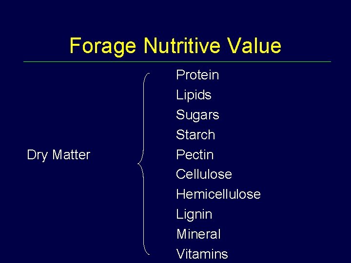 Forage Nutritive Value Dry Matter Protein Lipids Sugars Starch Pectin Cellulose Hemicellulose Lignin Mineral