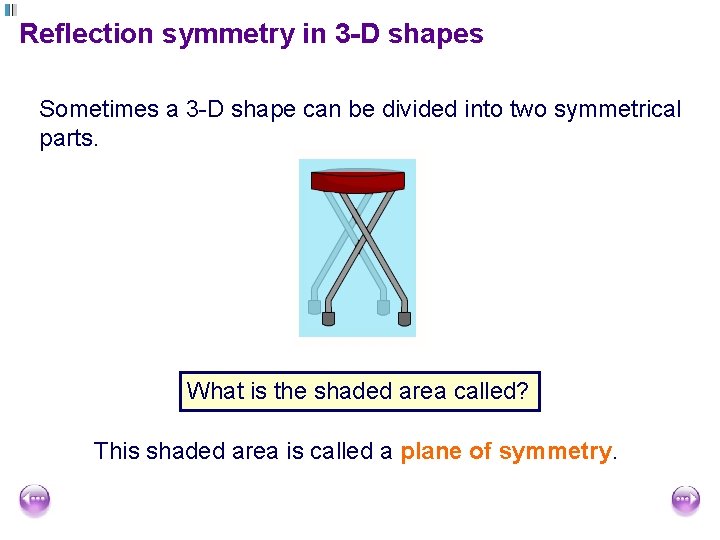 Reflection symmetry in 3 -D shapes Sometimes a 3 -D shape can be divided
