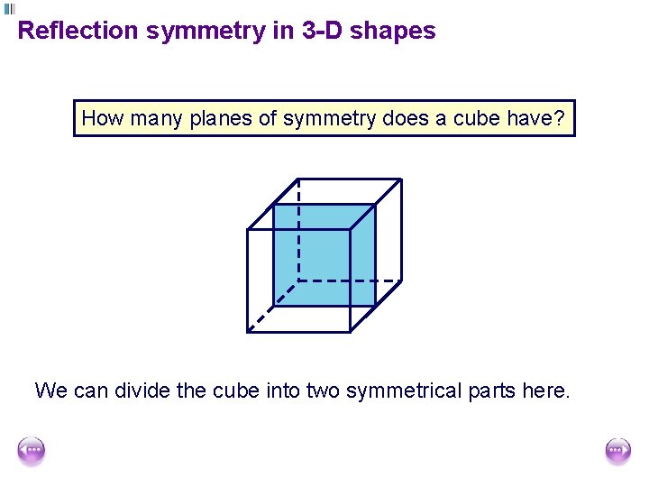 Reflection symmetry in 3 -D shapes How many planes of symmetry does a cube