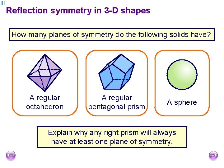 Reflection symmetry in 3 -D shapes How many planes of symmetry do the following