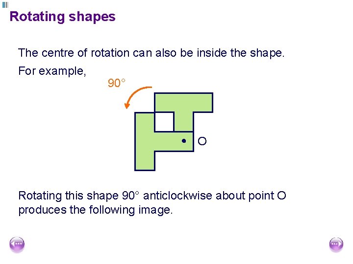 Rotating shapes The centre of rotation can also be inside the shape. For example,