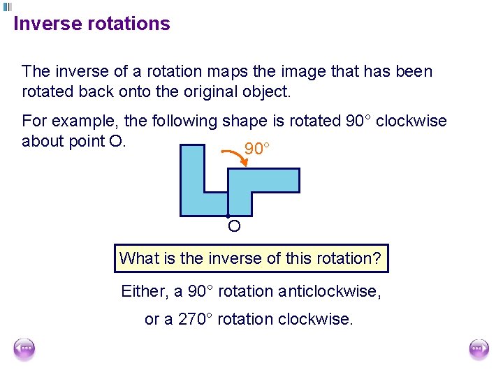 Inverse rotations The inverse of a rotation maps the image that has been rotated