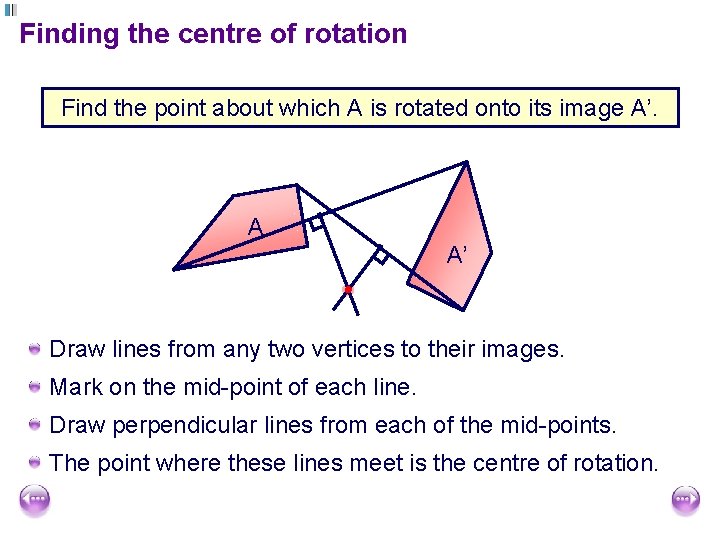 Finding the centre of rotation Find the point about which A is rotated onto