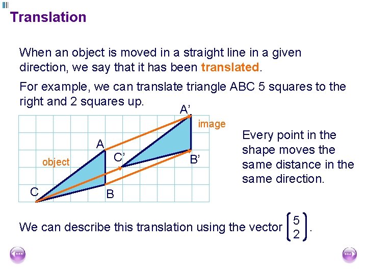 Translation When an object is moved in a straight line in a given direction,