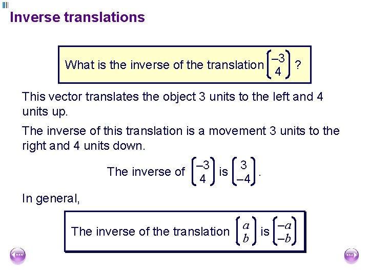 Inverse translations What is the inverse of the translation – 3 ? 4 This