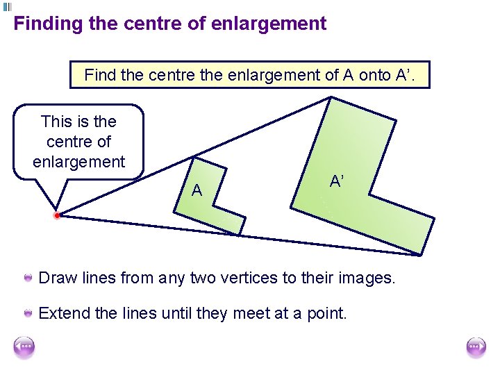 Finding the centre of enlargement Find the centre the enlargement of A onto A’.