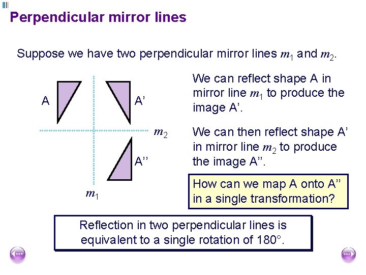 Perpendicular mirror lines Suppose we have two perpendicular mirror lines m 1 and m