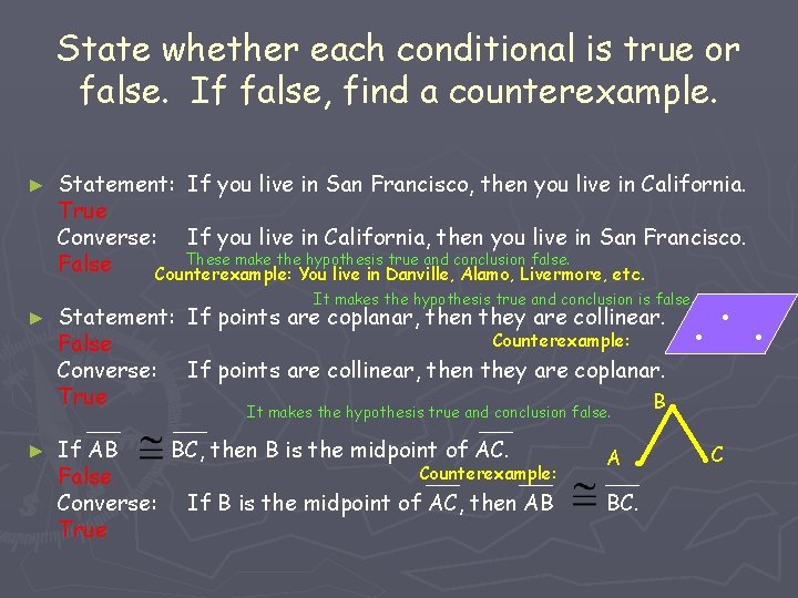 State whether each conditional is true or false. If false, find a counterexample. ►