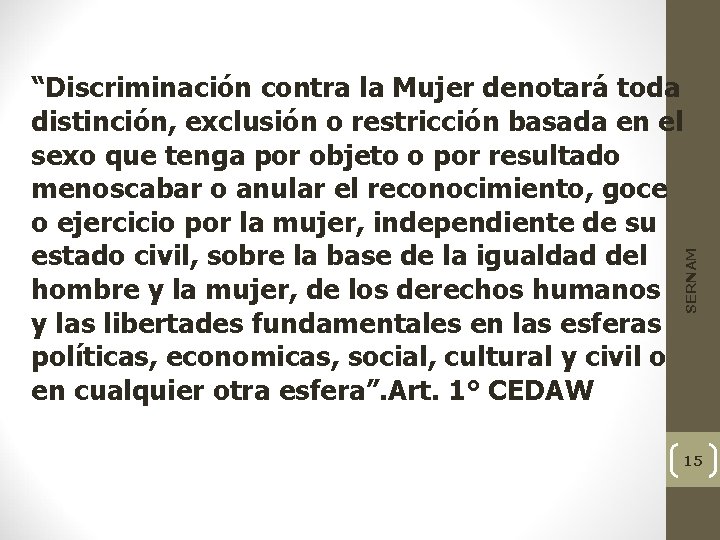 SERNAM “Discriminación contra la Mujer denotará toda distinción, exclusión o restricción basada en el