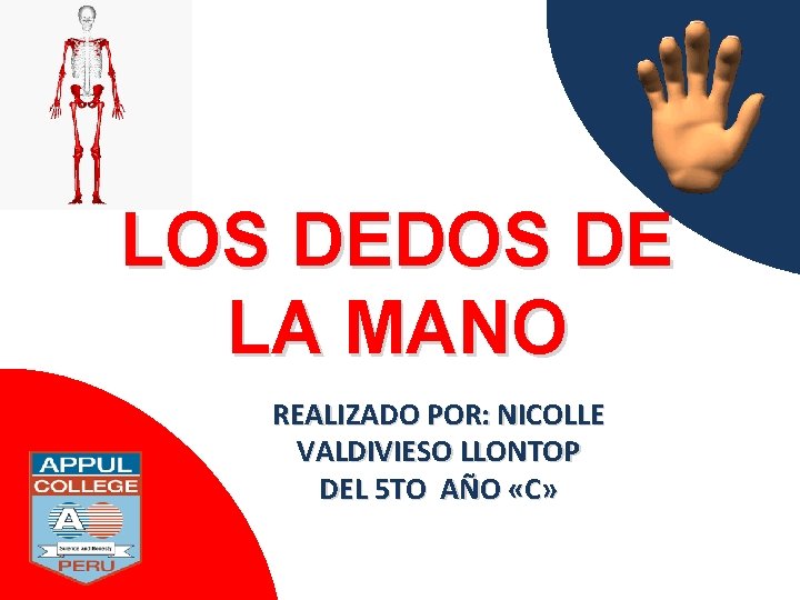 LOS DEDOS DE LA MANO REALIZADO POR: NICOLLE VALDIVIESO LLONTOP DEL 5 TO AÑO