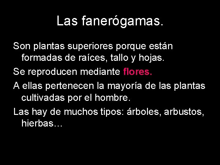 Las fanerógamas. Son plantas superiores porque están formadas de raíces, tallo y hojas. Se