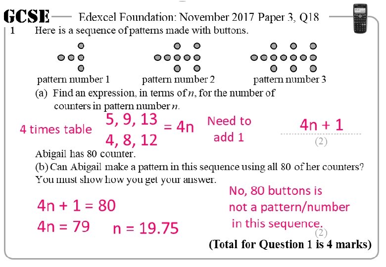 GCSE 1 Edexcel Foundation: November 2017 Paper 3, Q 18 Here is a sequence