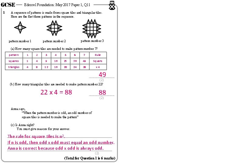 GCSE 1 Edexcel Foundation: May 2017 Paper 1, Q 11 A sequence of patterns