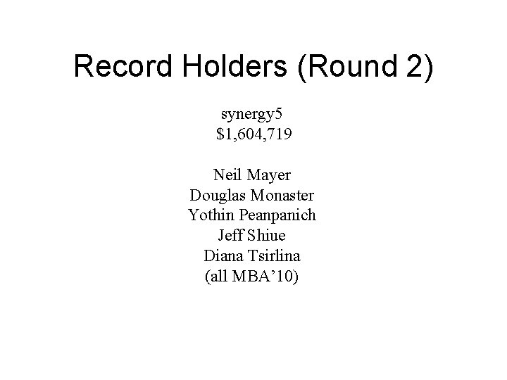 Record Holders (Round 2) synergy 5 $1, 604, 719 Neil Mayer Douglas Monaster Yothin
